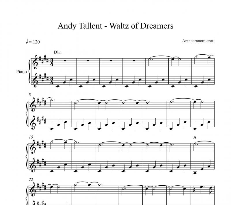 نت پیانو  waltz of dreamers از andy tallent برای نوازندگان متوسط | نت پیانو اندی تلنت