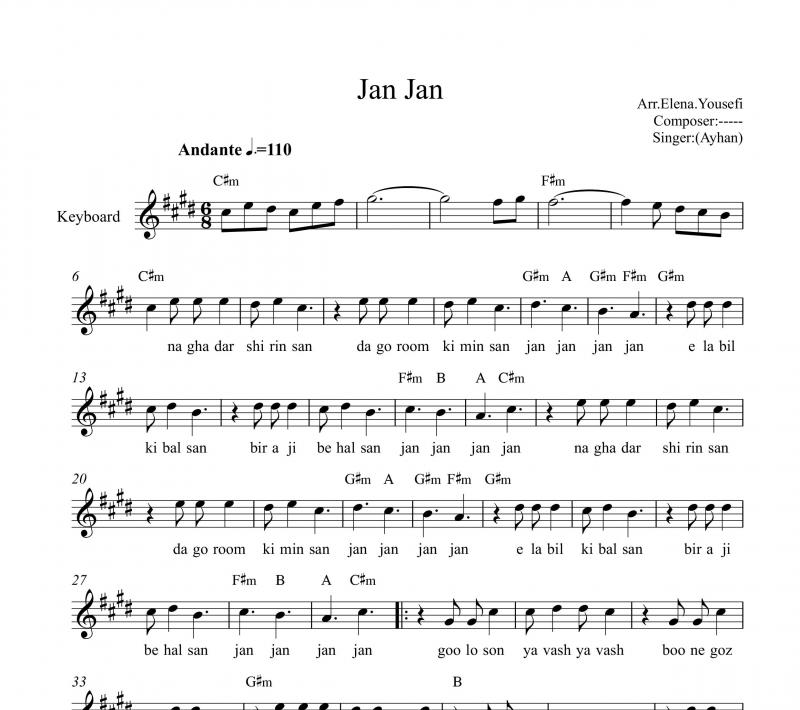 نت کیبورد  جان جان آیهان به برای نوازندگان متوسط | نت کیبورد حامد دهقانی