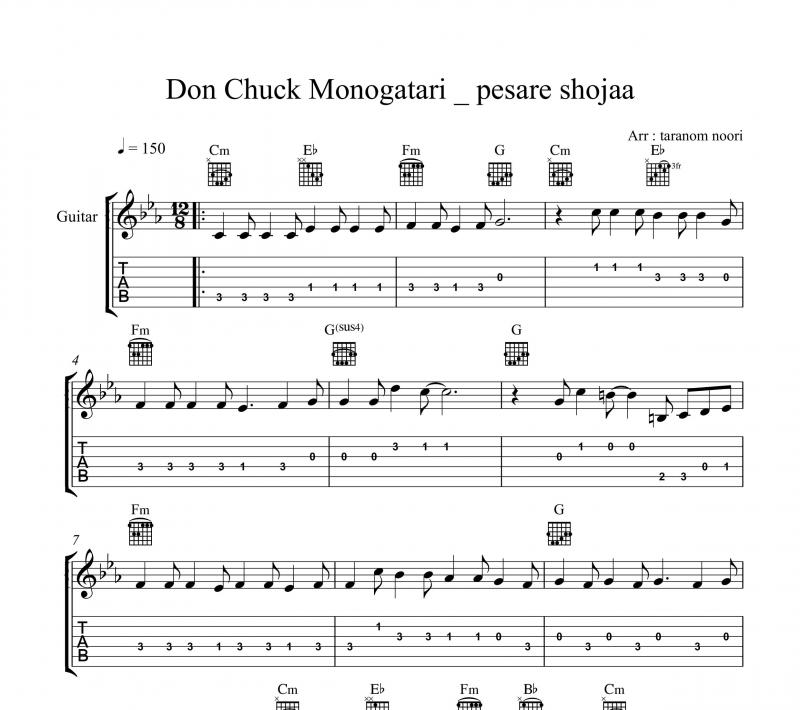 نت گیتار  Don Chuck Monogatari تیتراژ کارتون پسر شجاع و برای نوازندگان متوسط | نت گیتار هیروشی یامازاکی