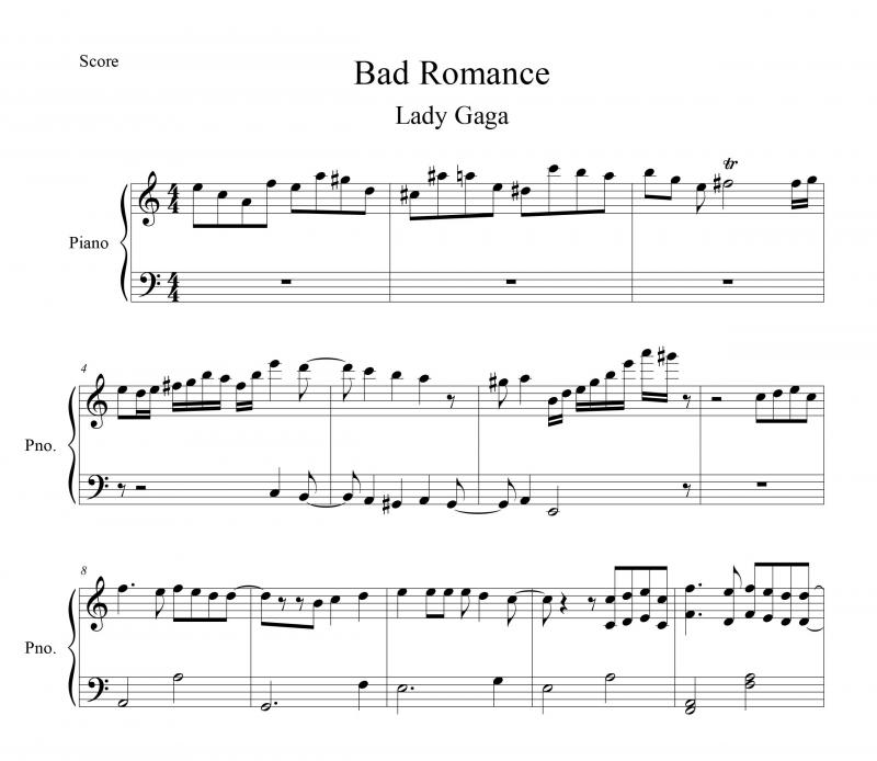 نت پیانو  Bad Romance برای نوازندگان متوسط | نت پیانو لیدی گاگا