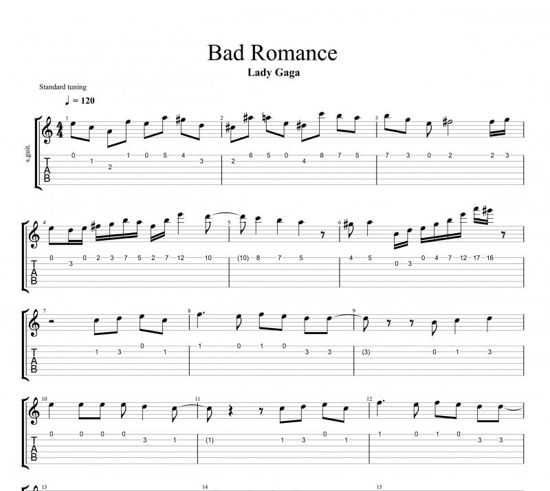 نت گیتار  Bad Romance برای نوازندگان متوسط | نت گیتار لیدی گاگا