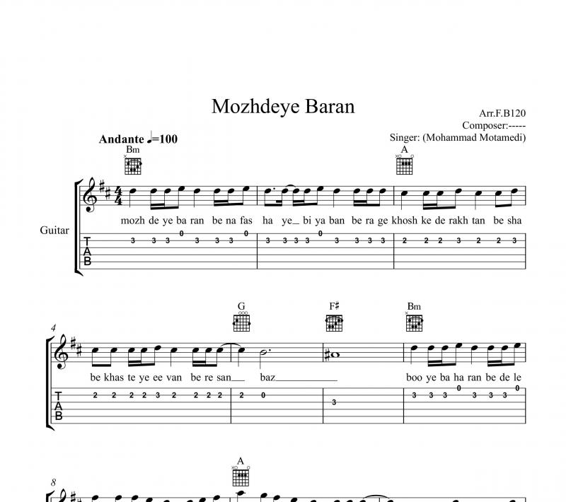 نت گیتار  مژده باران محمد معتمدی و برای نوازندگان متوسط | نت گیتار عماد توحیدی