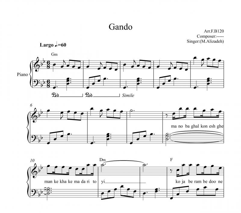 نت پیانو  گاندو محمد علیزاده برای نوازندگان متوسط | نت پیانو معین طیبی