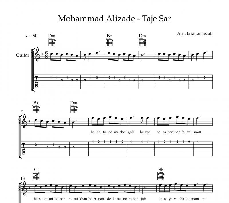 نت گیتار  تاج سر محمد علیزاده و برای نوازندگان متوسط | نت گیتار محمد علیزاده