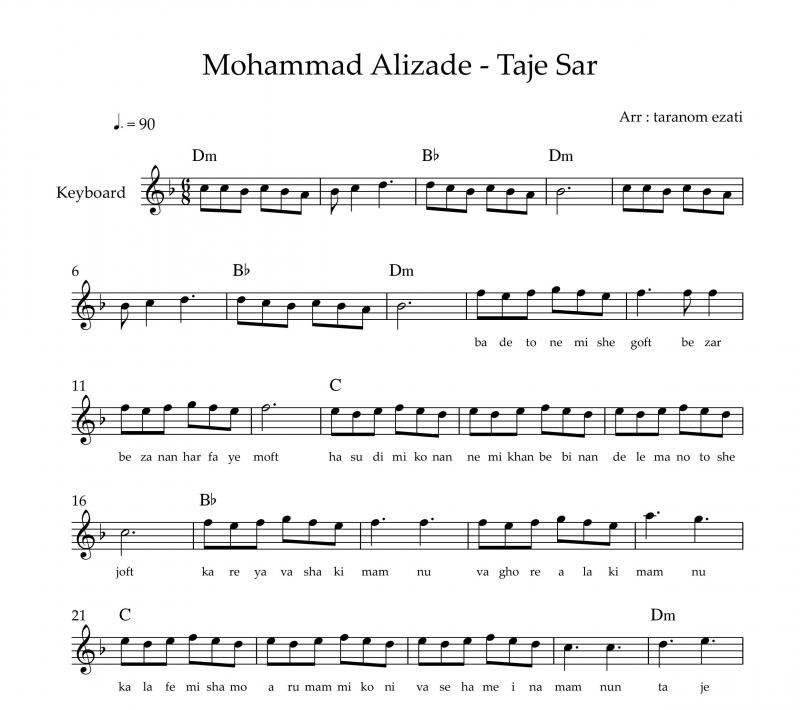 نت کیبورد  تاج سر محمد علیزاده به برای نوازندگان متوسط | نت کیبورد محمد علیزاده