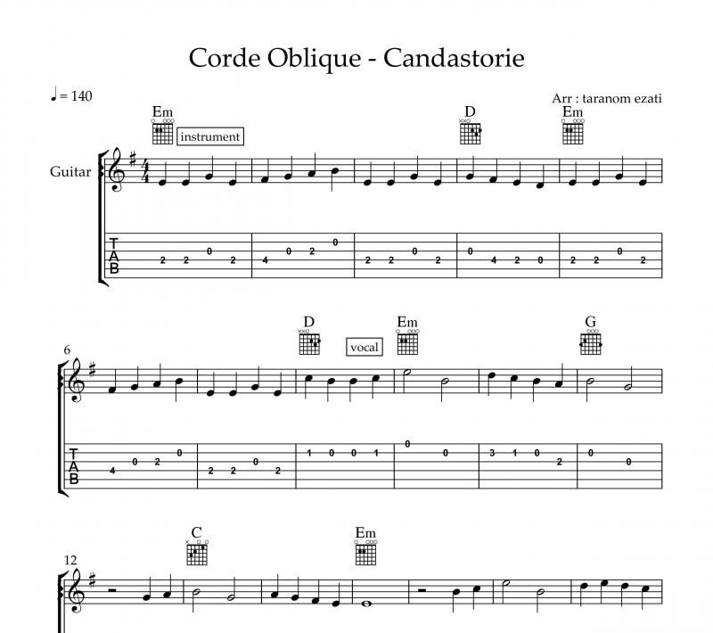نت گیتار  Candastorie از Corde Oblique و برای نوازندگان متوسط | نت گیتار گروه کرد ابلیک