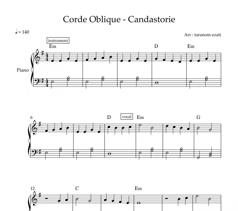 نت پیانو  Candastorie از Corde Oblique برای نوازندگان متوسط | نت پیانو گروه کرد ابلیک