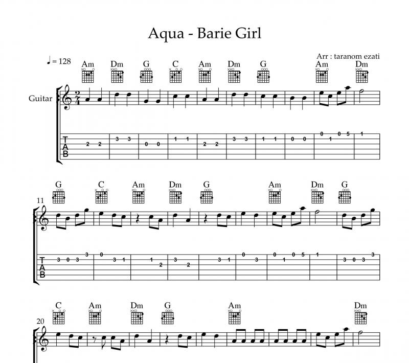 نت گیتار  barbie girl دختر باربی از aqua و برای نوازندگان متوسط | نت گیتار گروه آکوا