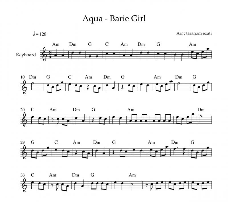 نت کیبورد  barbie girl دختر باربی از aqua به برای نوازندگان متوسط | نت کیبورد گروه آکوا