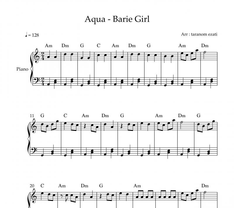 نت پیانو  barbie girl دختر باربی از aqua برای نوازندگان متوسط | نت پیانو گروه آکوا