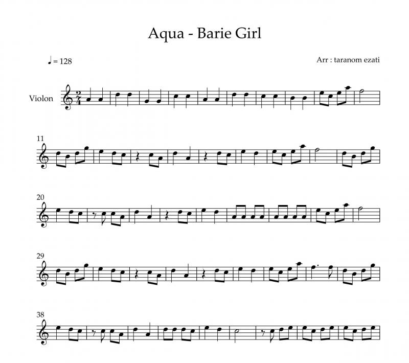 نت ویولن  barbie girl دختر باربی از aqua برای نوازندگان متوسط | نت ویولن گروه آکوا