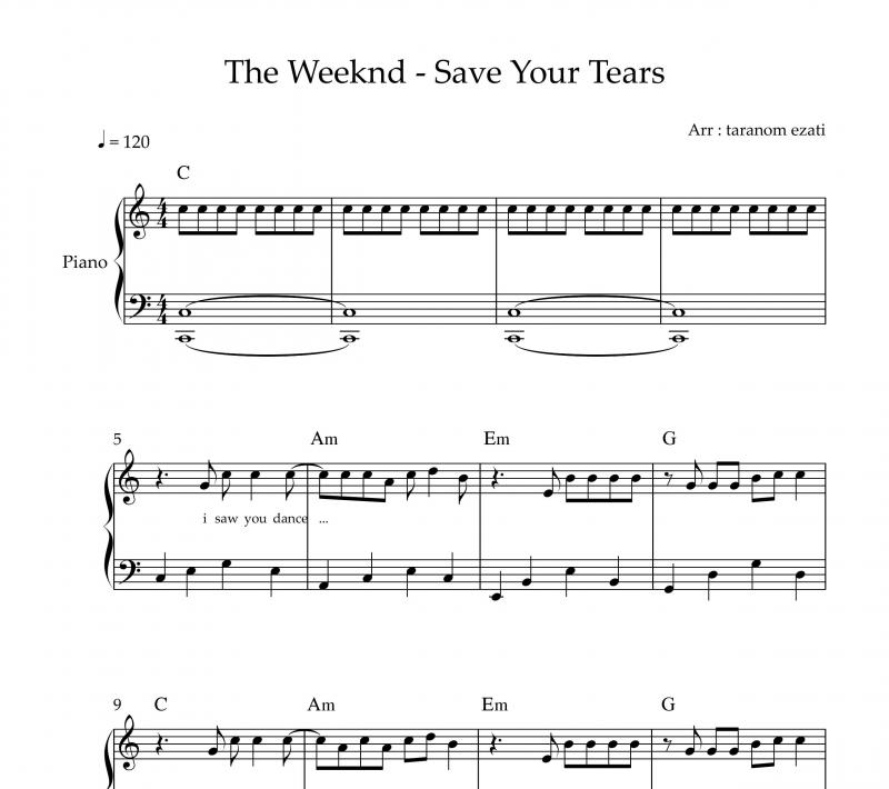 نت پیانو  save your tears د ویکند برای نوازندگان متوسط | نت پیانو د ویکند