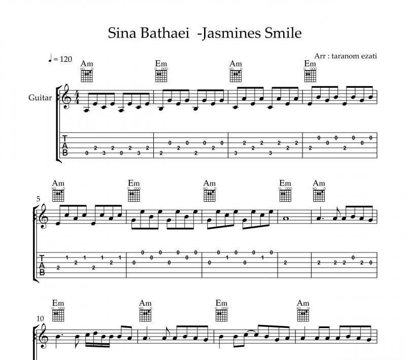 نت گیتار  Jasmines Smile سینا بطحایی و برای نوازندگان متوسط | نت گیتار سینا بطحایی