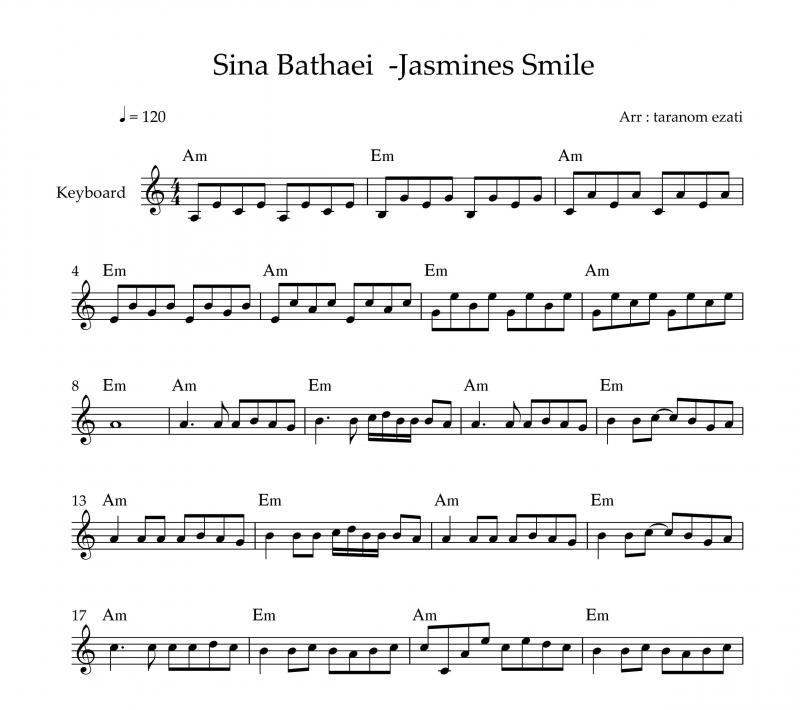 نت کیبورد  Jasmines Smile سینا بطحایی به برای نوازندگان متوسط | نت کیبورد سینا بطحایی