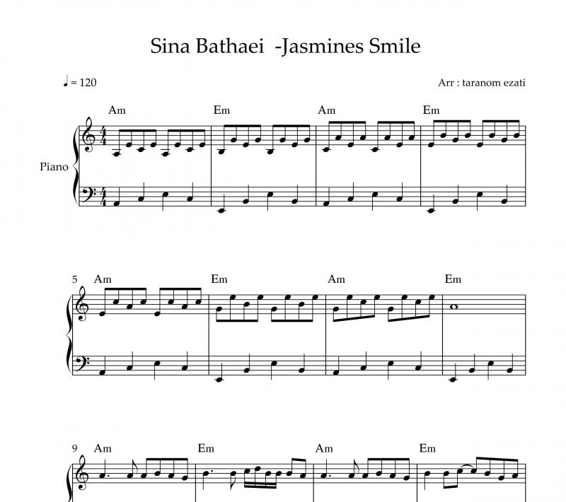 نت پیانو  Jasmines Smile سینا بطحایی برای نوازندگان متوسط | نت پیانو سینا بطحایی