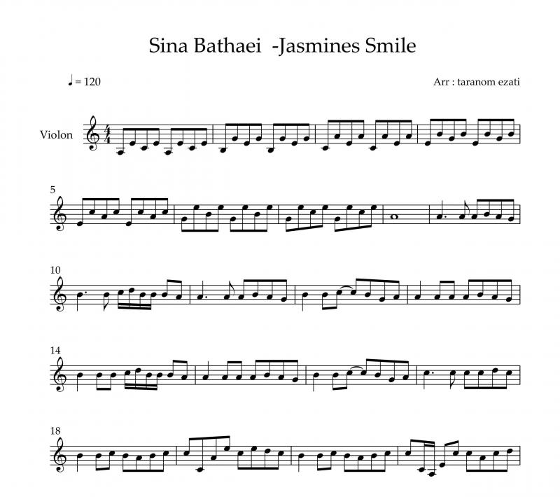 نت ویولن  Jasmines Smile سینا بطحایی برای نوازندگان متوسط | نت ویولن سینا بطحایی