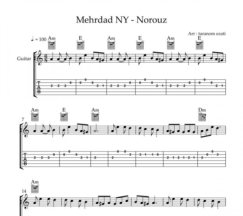 نت گیتار  نوروز مهرداد نیویورک و برای نوازندگان متوسط | نت گیتار مهرداد نیویورک