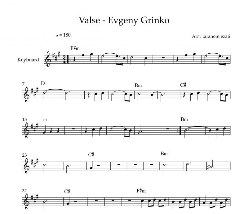 نت کیبورد  والس یوگنی گرینکو valse به برای نوازندگان متوسط | نت کیبورد یوگنی گرینکو