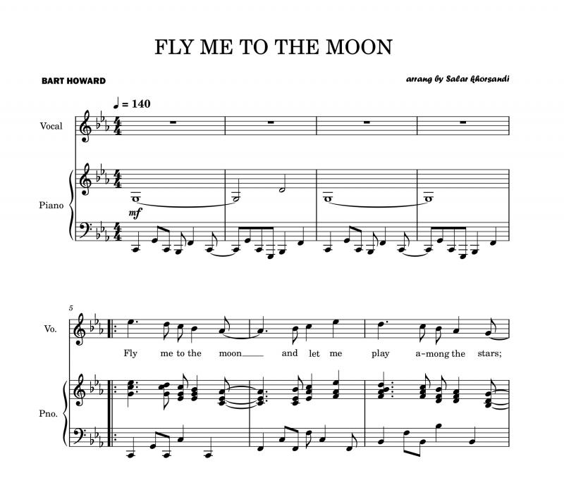 نت وکال  پیانو و  Fly me to the moon برای نوازندگان حرفه ای | نت وکال بارت هوارد