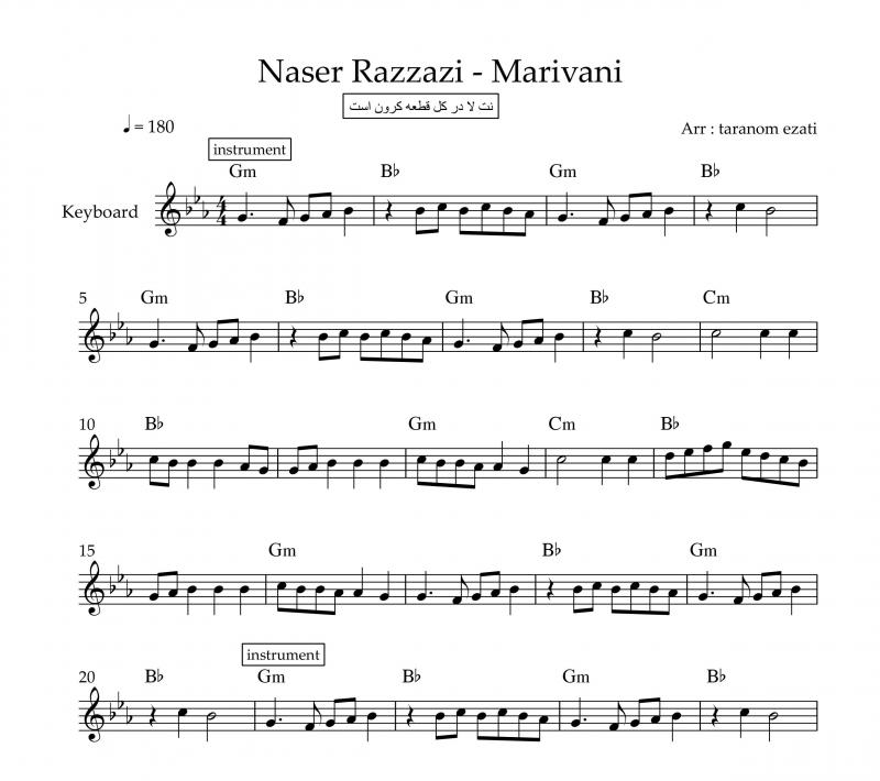 نت کیبورد  ئای شیله جوانی ناصر رزازی به برای نوازندگان متوسط | نت کیبورد ناصر رزازی