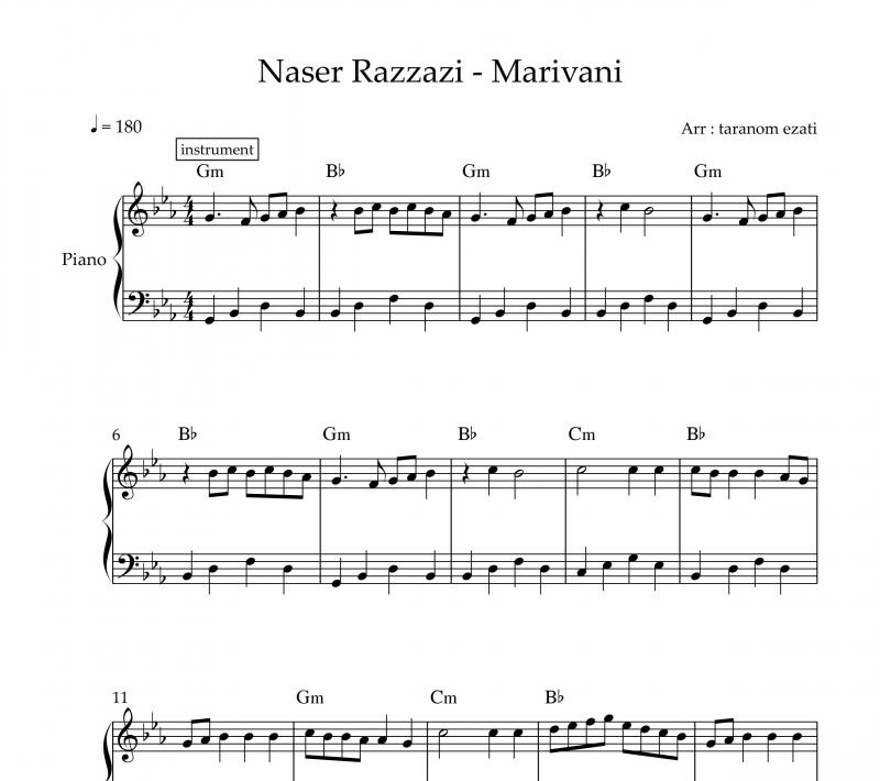 نت پیانو  ئای شیله جوانی ناصر رزازی برای نوازندگان متوسط | نت پیانو ناصر رزازی