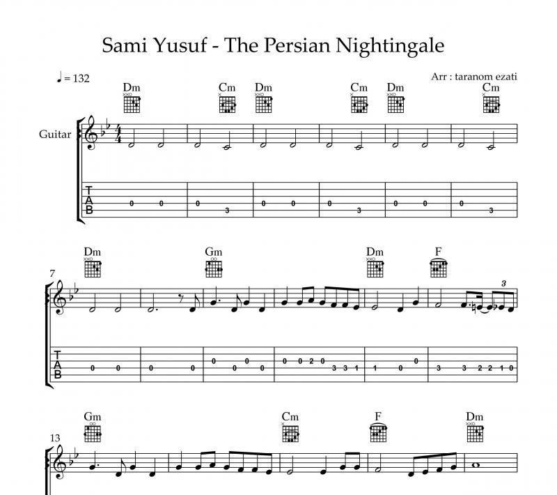 نت گیتار  the persian nightingale  و برای نوازندگان متوسط | نت گیتار سامی یوسف