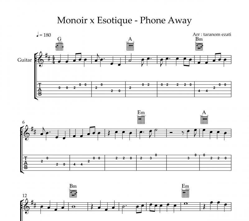 نت گیتار  phone away از monoir x esotique و برای نوازندگان متوسط | نت گیتار کریس تریس