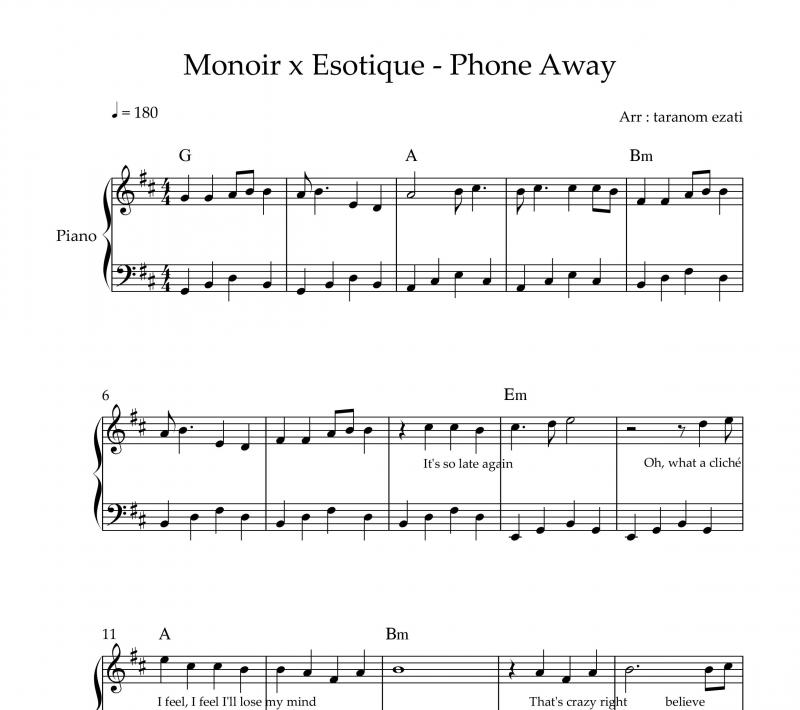 نت پیانو  phone away از monoir x esotique برای نوازندگان متوسط | نت پیانو کریس تریس