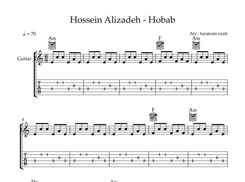 نت گیتار  حباب حسین علیزاده و برای نوازندگان متوسط | نت گیتار حسین علیزاده