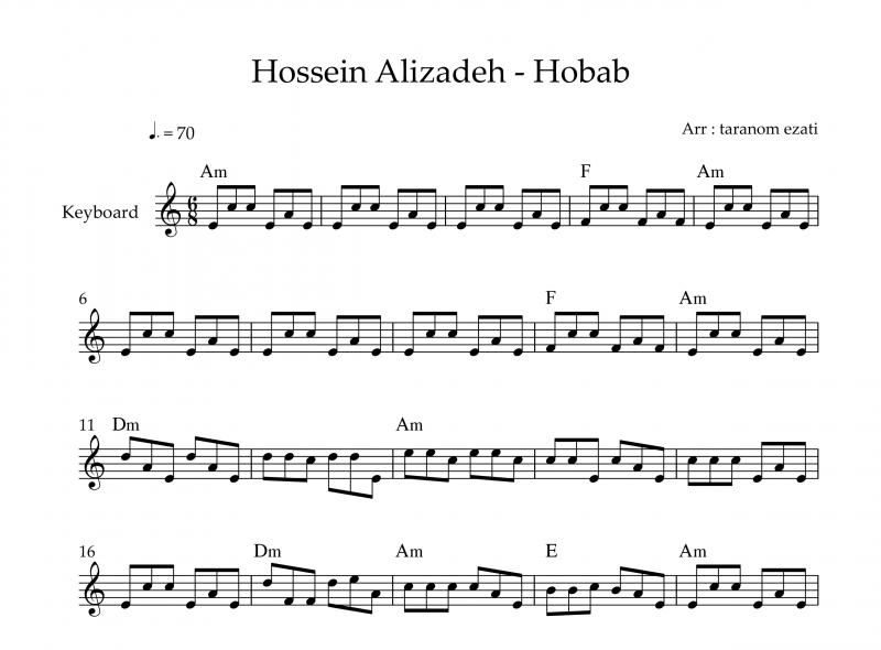 نت کیبورد  حباب حسین علیزاده به برای نوازندگان متوسط | نت کیبورد حسین علیزاده