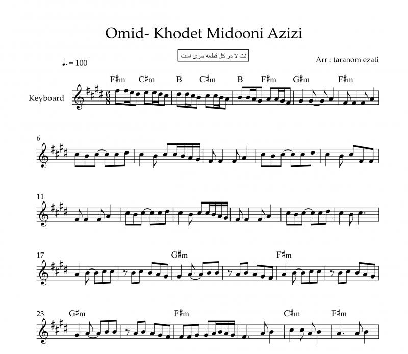 نت کیبورد  خودت میدونی امید به برای نوازندگان متوسط | نت کیبورد بابک رادمنش